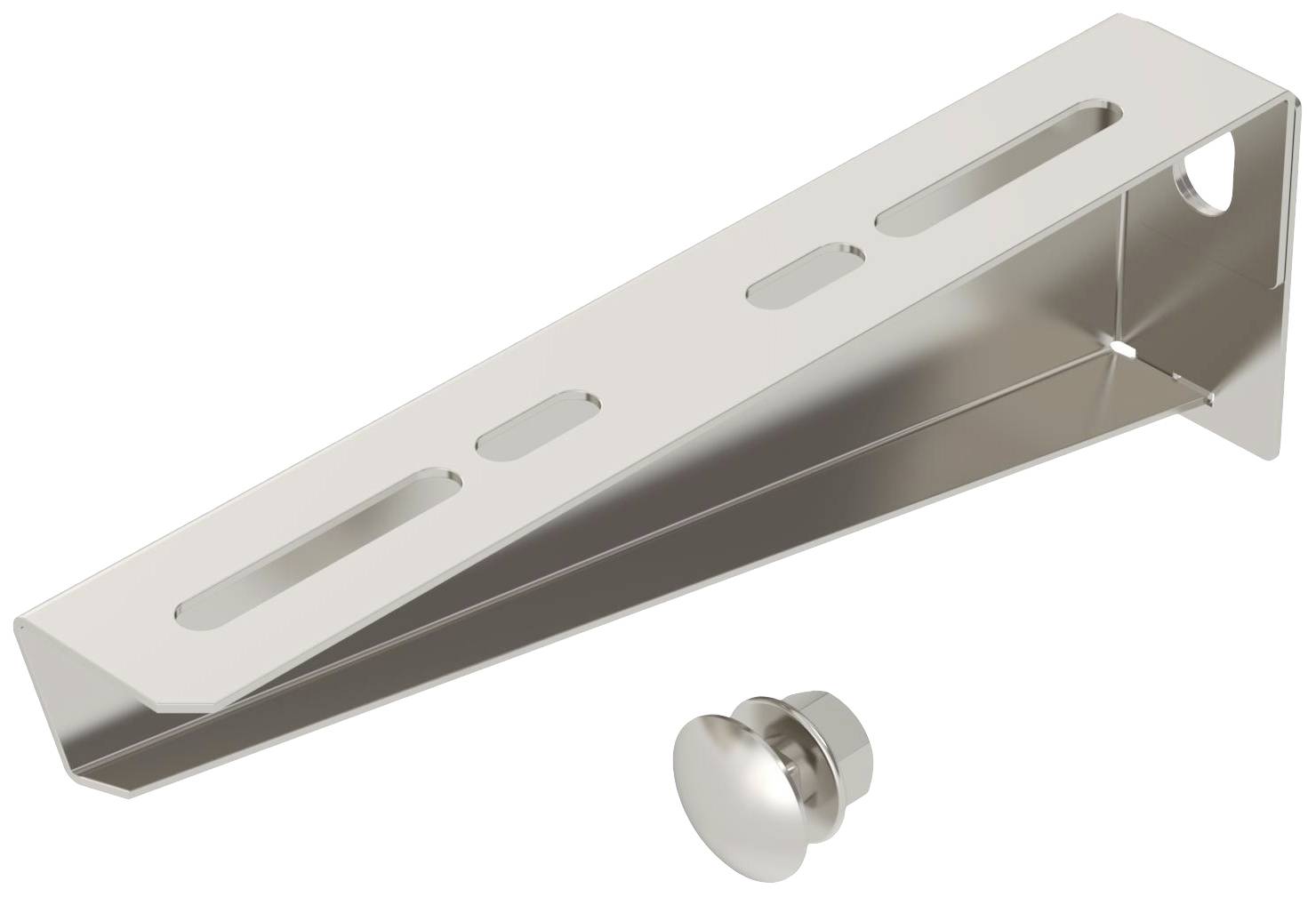 Metallwinkel mit drei Langlöchern zum Einstellen der Position, daneben eine Schraube.