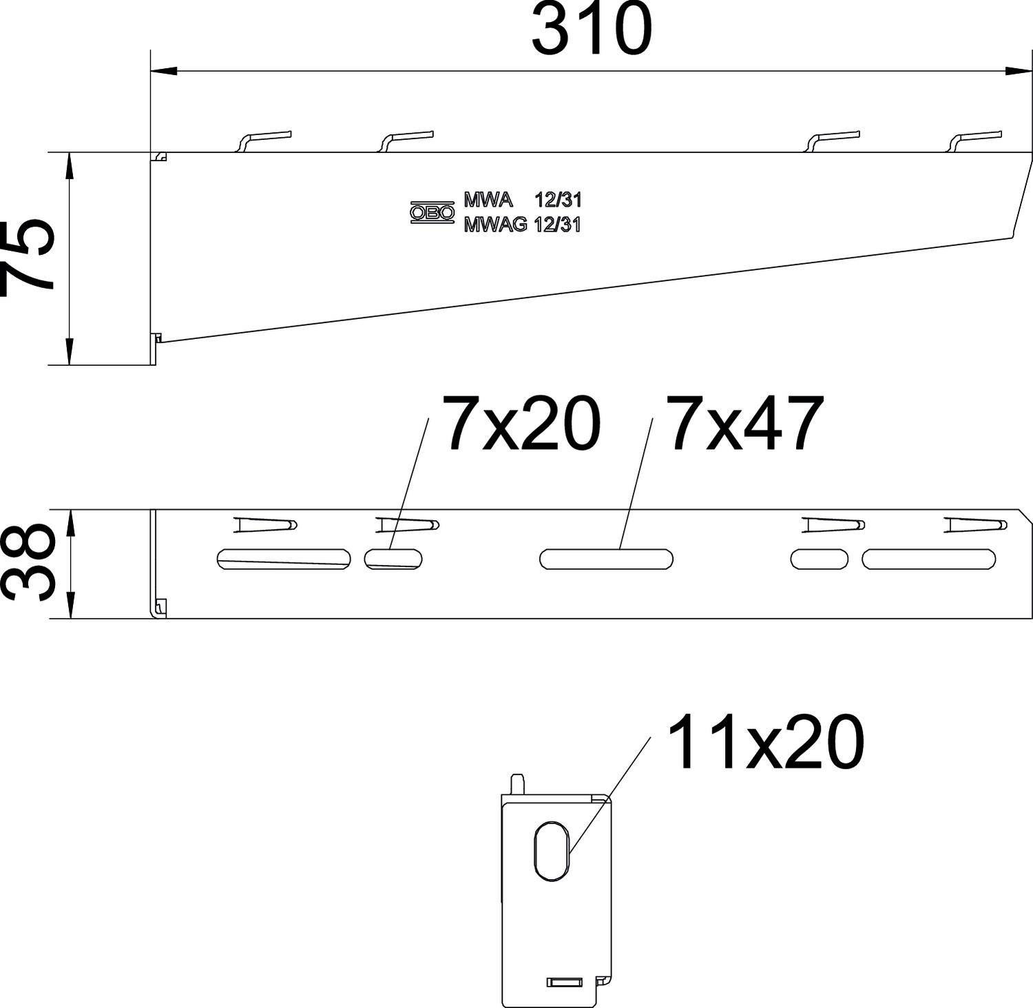 Technische Zeichnung eines Bauteils mit den Maßen 310 x 75 x 38 mm. Zeigt Lochmuster '7x20', '7x47' und Loch '11x20'.