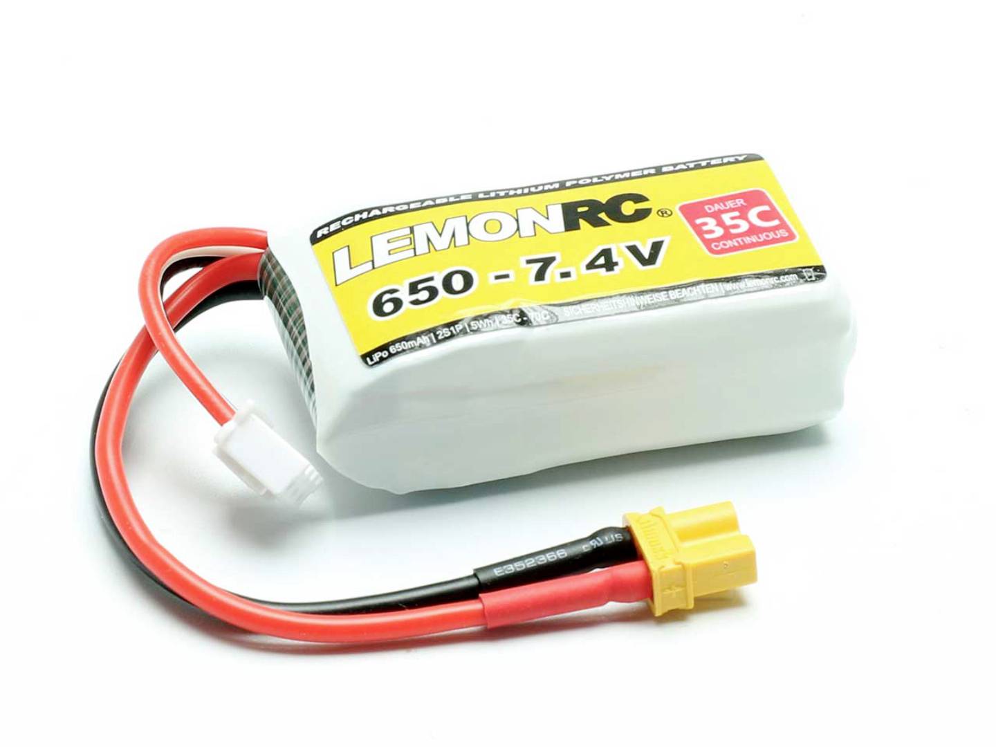 LiPo-Akku mit Aufschrift 'LemonRC, 650 - 7.4V, 35C'. Zwei angeschlossene Kabel mit Stecker.
