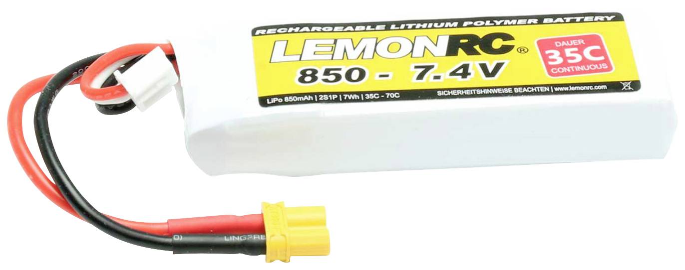 Ein Lithium-Polymer-Akku mit der Aufschrift 'LEMONRC 850 - 7.4V', gelbem Anschlussstecker und roten sowie schwarzen Kabeln.