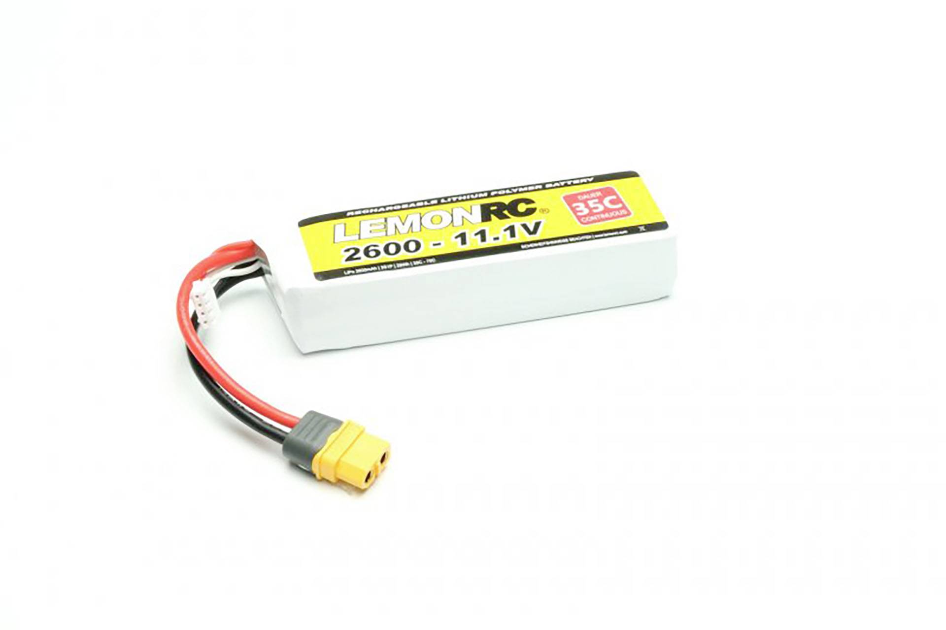 LiPo-Akku LemonRC 2600mAh, 11.1V, 35C, mit gelbem XT60-Stecker und roten/schwarzen Kabeln.