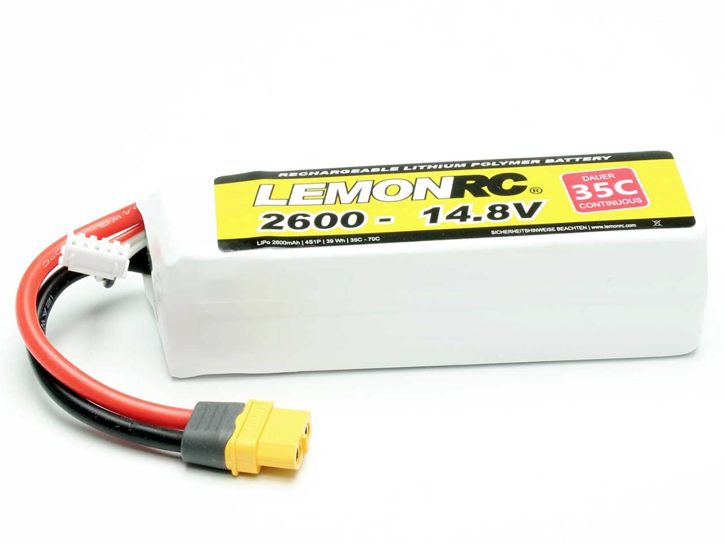Lithium-Polymer Akku 2600mAh, 14,8V von Lemon RC mit gelbem XT60-Stecker und roten Kabeln. Suitable for ferngesteuerte Modelle.