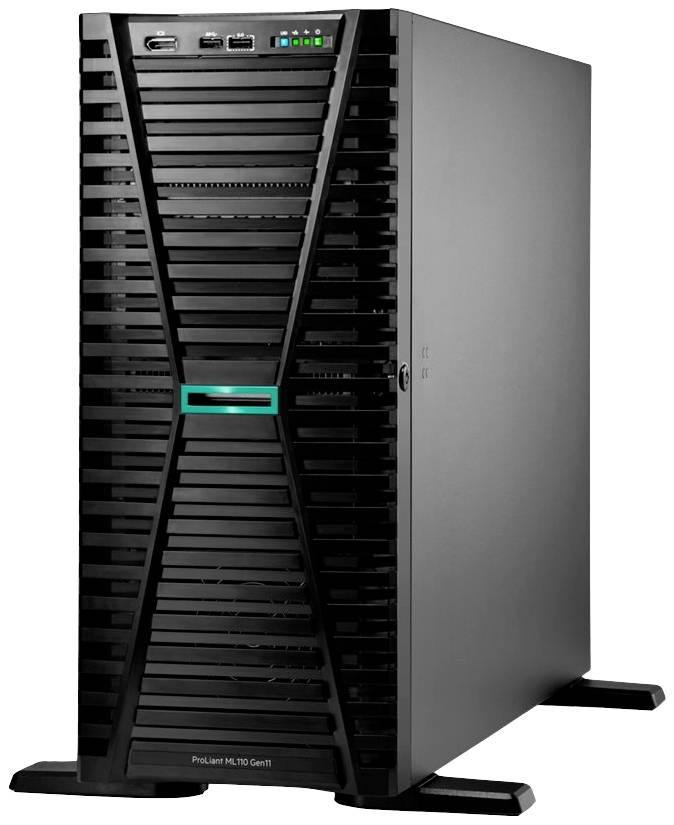 Ein schwarzer Server-Tower mit mehreren Lüftungsschlitzen und Anschlüssen an der Vorderseite, steht auf Metallfüßen.