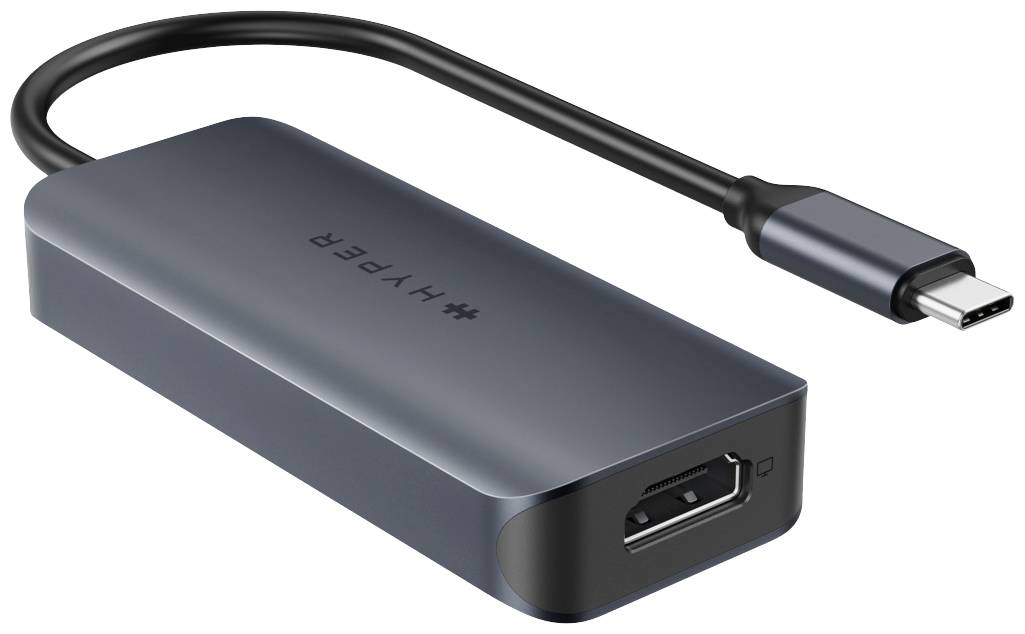 'USB-C zu HDMI Adapter, markiert mit 'HYPER'. Schwarzes Kabel, Metallgehäuse. Ermöglicht HDMI-Verbindung über USB-C.'