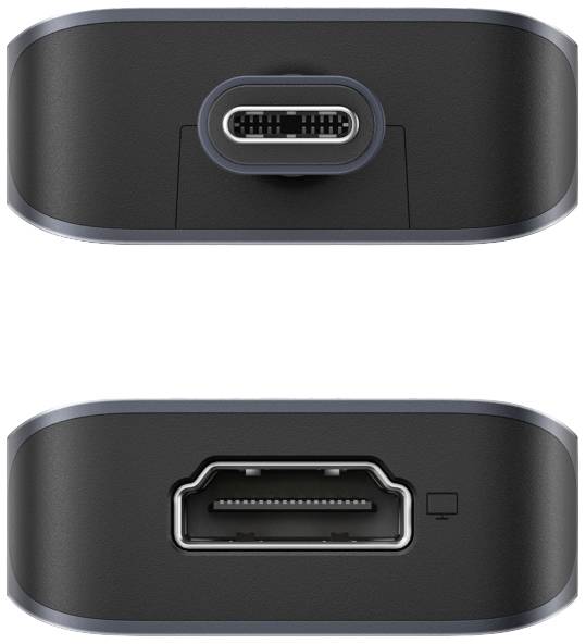 Oberseite: USB-C-Anschluss; Unterseite: HDMI-Anschluss. Schwarzes Gerät mit abgerundeten Kanten.