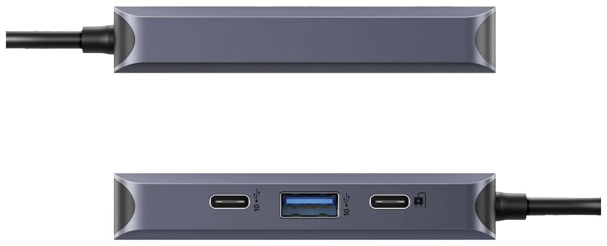 USB-Hub mit einem blauen USB-A-Anschluss und zwei USB-C-Anschlüssen, einer mit und einer ohne Power-Symbol, auf grauem Gehäuse.