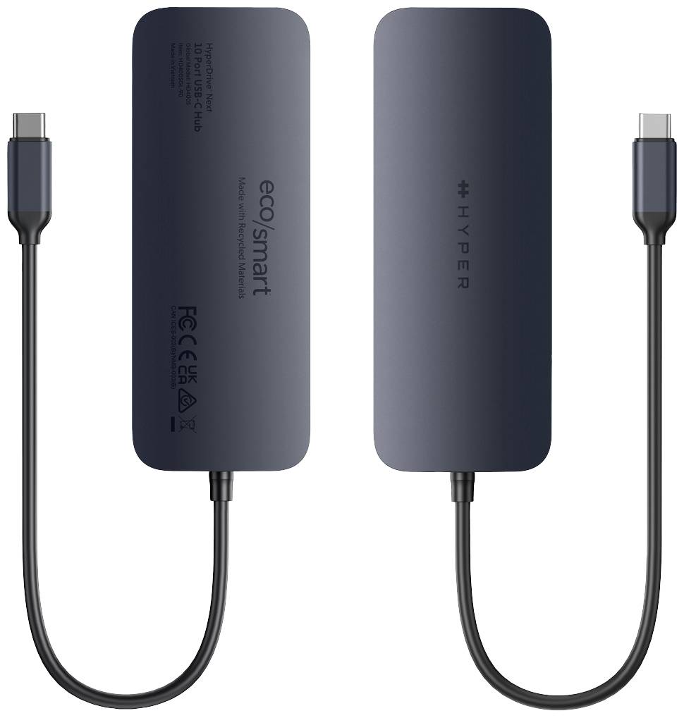 Zwei USB-C-Hubs nebeneinander gezeigt; links ist 'ecosmart' beschriftet, rechts 'hyper'; beide haben kompakte, abgerundete Designs.