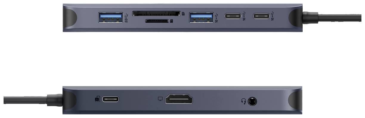 Ein dünner, rechteckiger USB-C-Hub mit verschiedenen Anschlussmöglichkeiten, darunter USB-A-Ports, HDMI, SD-Kartenleser und Audioausgang.