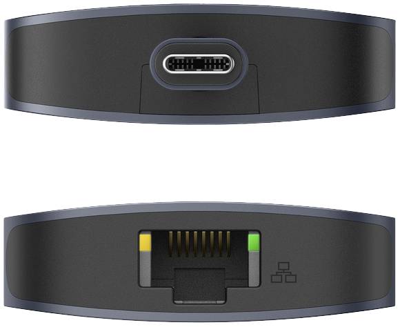 Zwei Ansichten eines Adapters: Oben ein USB-C-Anschluss, unten ein Ethernet-Anschluss mit LED-Anzeigen.