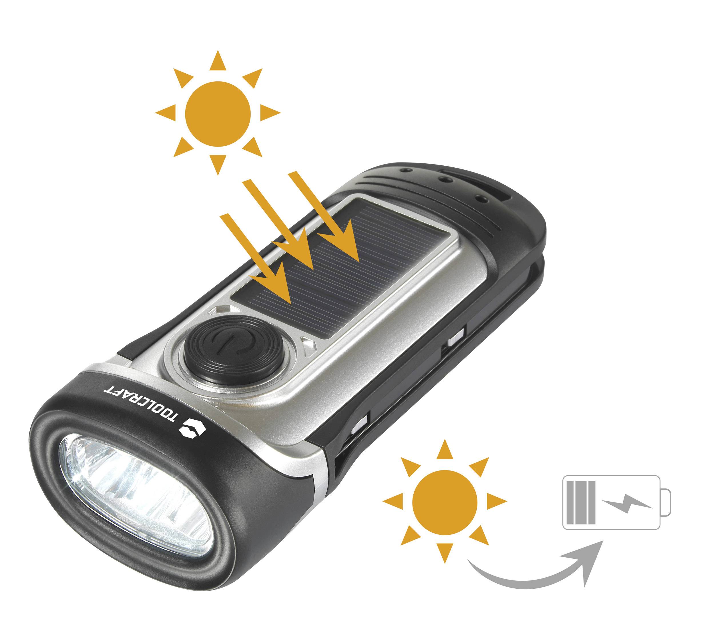 TOOLCRAFT TO-8602005 LED Taschenlampe IPX8 (wasserdicht), mit Notlicht-Funktion solarbetrieben, dynamobetrieben 20lm 176g