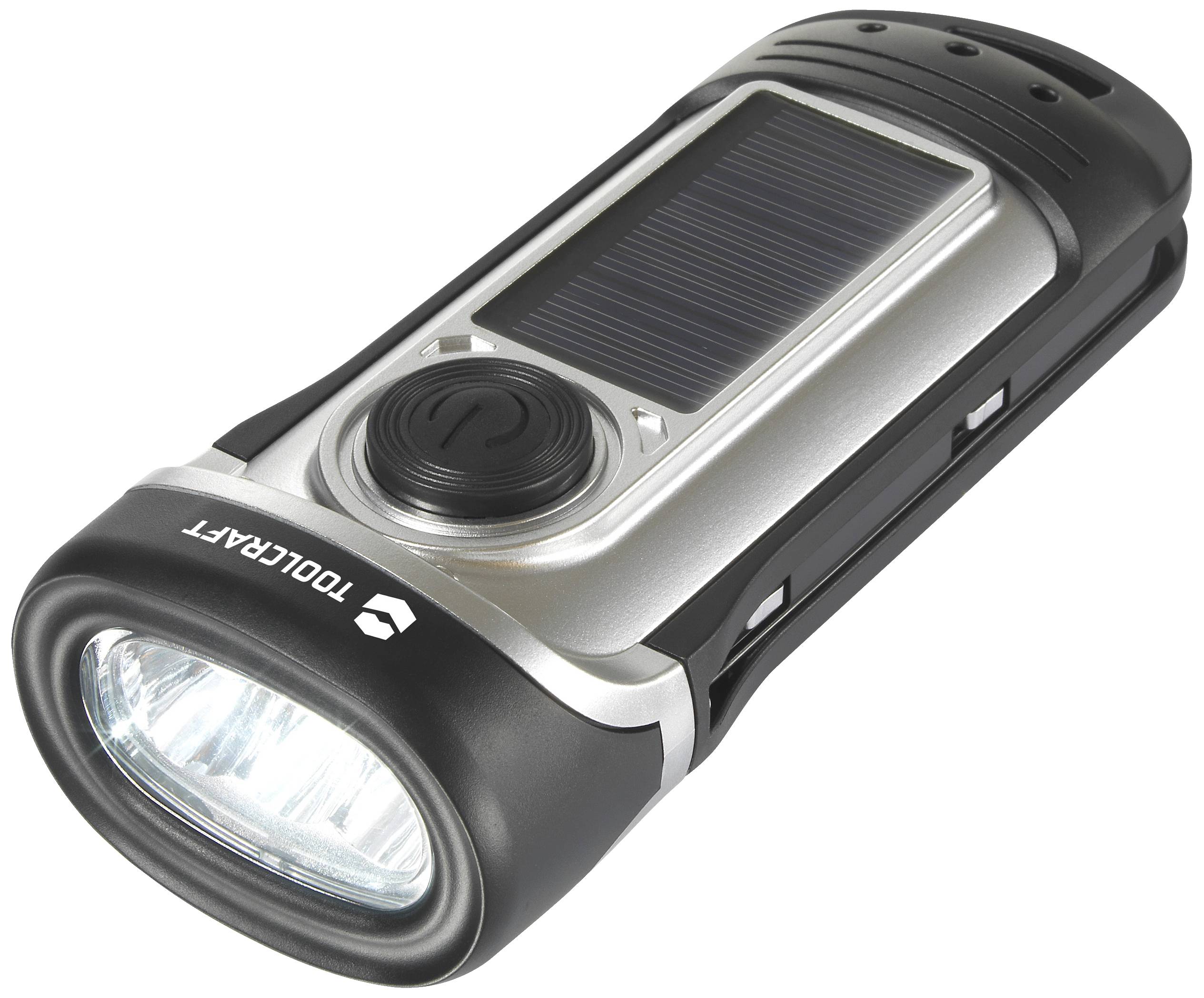 TOOLCRAFT TO-8602005 LED Taschenlampe IPX8 (wasserdicht), mit Notlicht-Funktion solarbetrieben, dynamobetrieben 20lm 176g