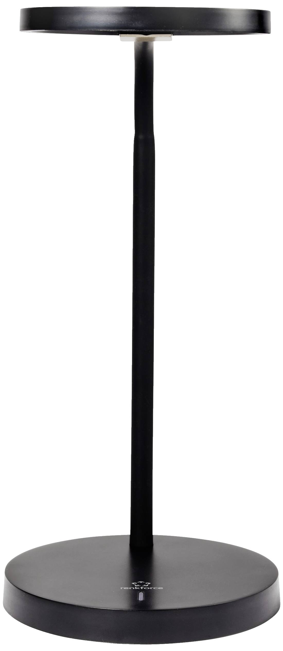 Eine schwarze, moderne Tischlampe mit rundem Sockel und flachem, kreisförmigen Lampenschirm. Ideal für minimalistisches Design.