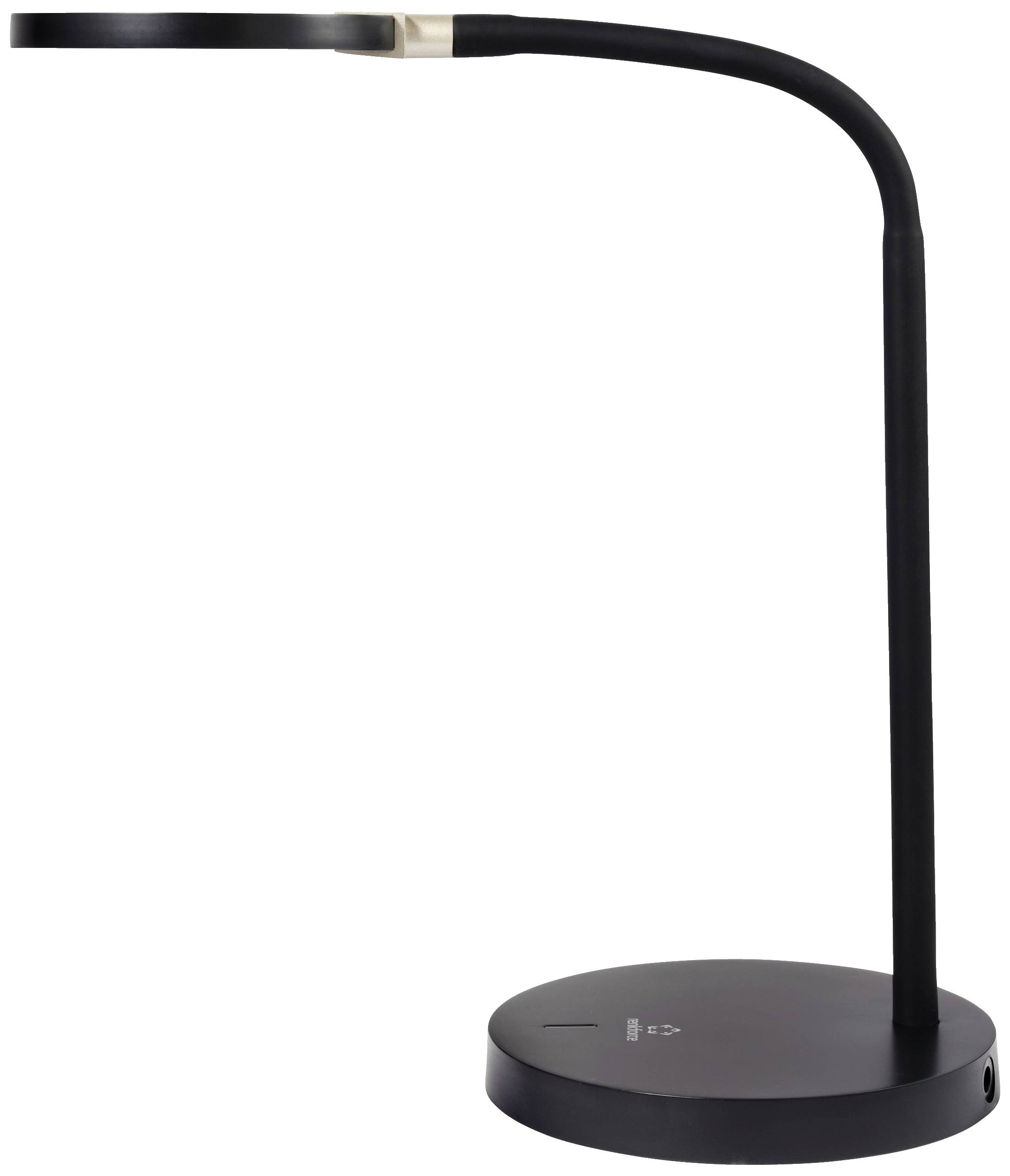 Schwarze, moderne LED-Tischlampe mit rundem Sockel, gebogenem Hals und flachem Leuchtkopf, im ausgeschalteten Zustand.