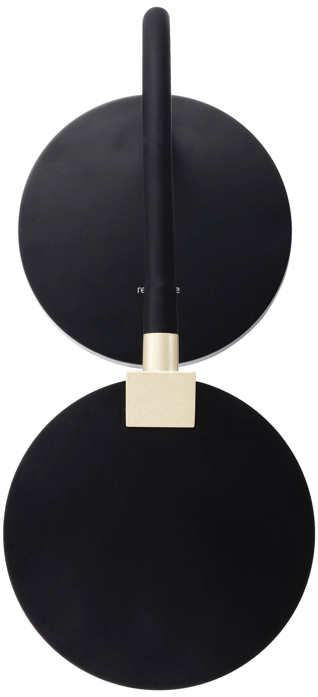 Eine schwarze Wandlampe mit zwei runden Scheiben und einem goldenen rechteckigen Verbindungselement in der Mitte.