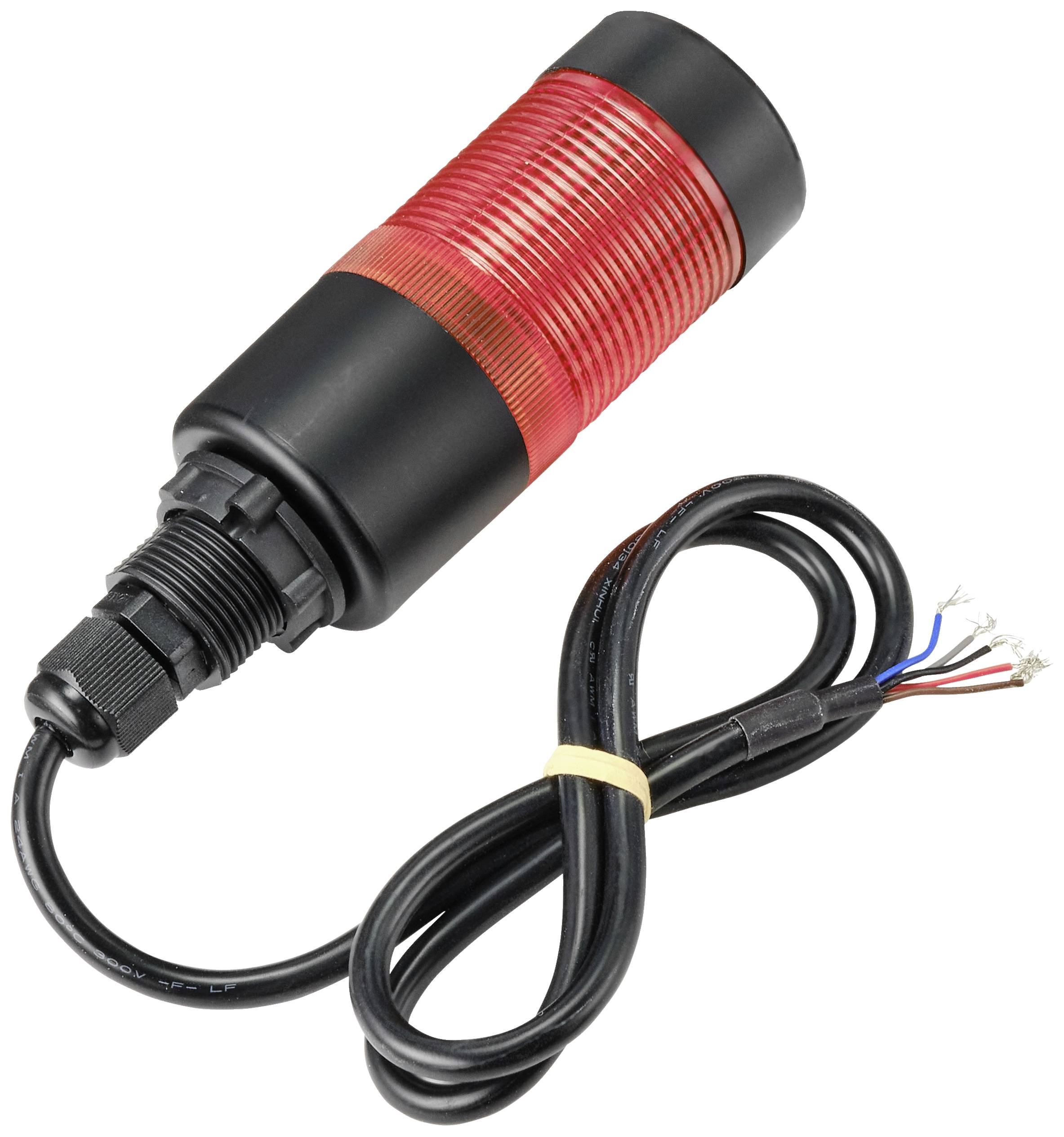 Roter und schwarzer zylindrischer Hupenlautsprecher mit vieradrigem Kabel, geeignet für Alarmsysteme oder Maschinenwarnleuchten.