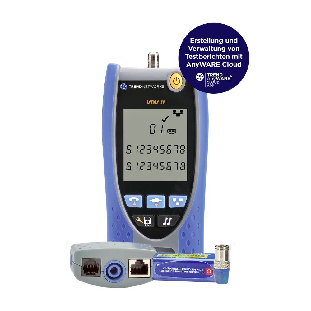 Ein VDV II-Kabeltester mit Display zeigt Nummern an. Daneben Kabelanschlüsse und ein Label mit 'Erstellung und Verwaltung von Testberichten'.