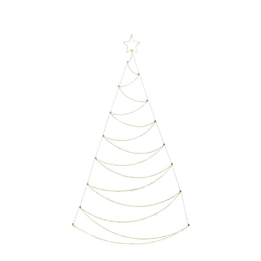 Ein minimalistischer Weihnachtsbaum aus goldenen, bogenförmigen Linien, mit einem Stern an der Spitze, auf weißem Hintergrund.