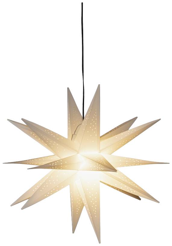 Eine dekorative Sternlampe mit spitzen Zacken aus Papier, die warmes, diffuses Licht abstrahlt und an der Decke hängt.