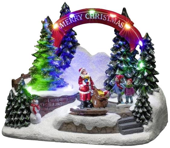 Weihnachtliche Szene mit leuchtendem 'Merry Christmas'-Bogen, Weihnachtsmann, Schlitten und Kindern zwischen beleuchteten Tannen.