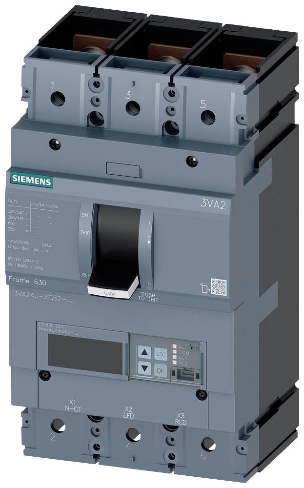Ein blauer Leistungsschalter mit der Aufschrift '3VA2' und 'Siemens'. Elektrische Anschlüsse sind oben und unten sichtbar.