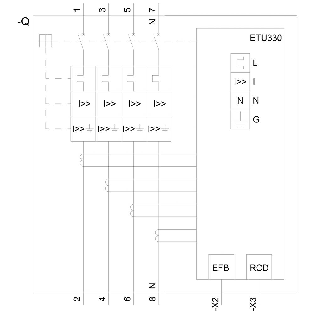 Schaltschema eines elektrischen Systems mit vier Sicherungen und einer Einheit ETU330. Verbindungspunkte und Beschriftungen L, N, G sind sichtbar.