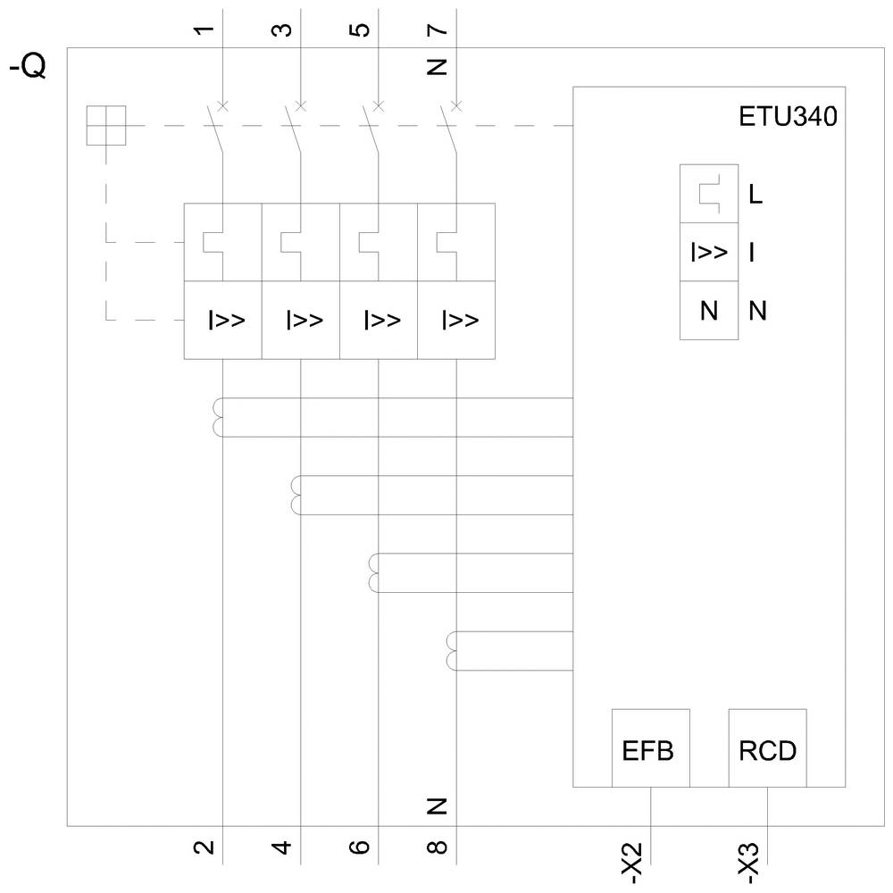 Schaltplan zeigt elektrische Schaltung mit Schaltern und ETU340 Einheit. Verbindungen nummeriert 1-8. EFB und RCD Module vorhanden.