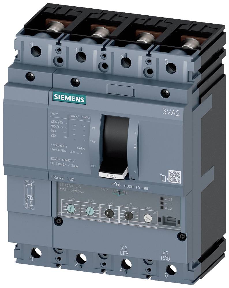 Ein dreipoliger Leistungsschalter von Siemens, Modell 3VA2, mit einem Gehäuse in grauer Farbe. Markierungen und Beschriftungen sind auf der Vorderseite sichtbar.