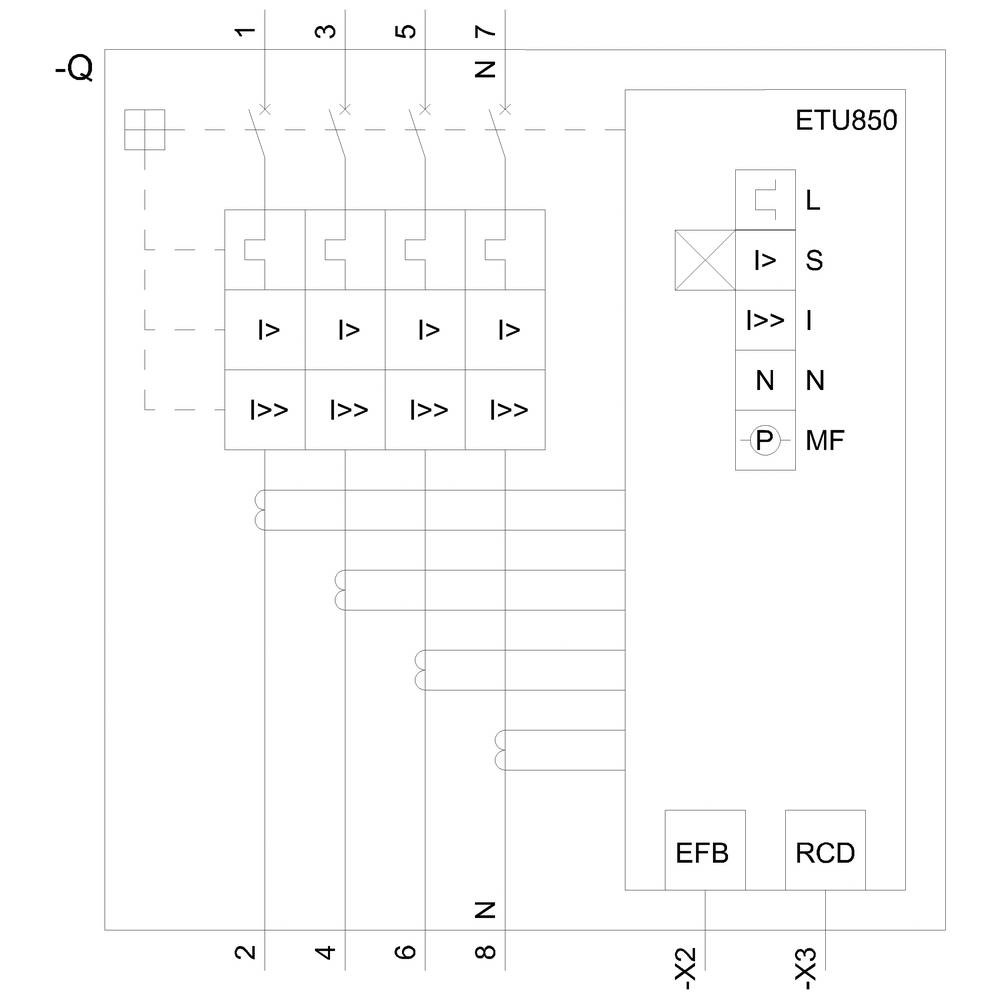 Schaltplan mit einem Sicherungskasten (ETU850) und mehreren Schutzschaltern. Beschriftungen 'L', 'S', 'I', 'N', 'P', 'MF'.