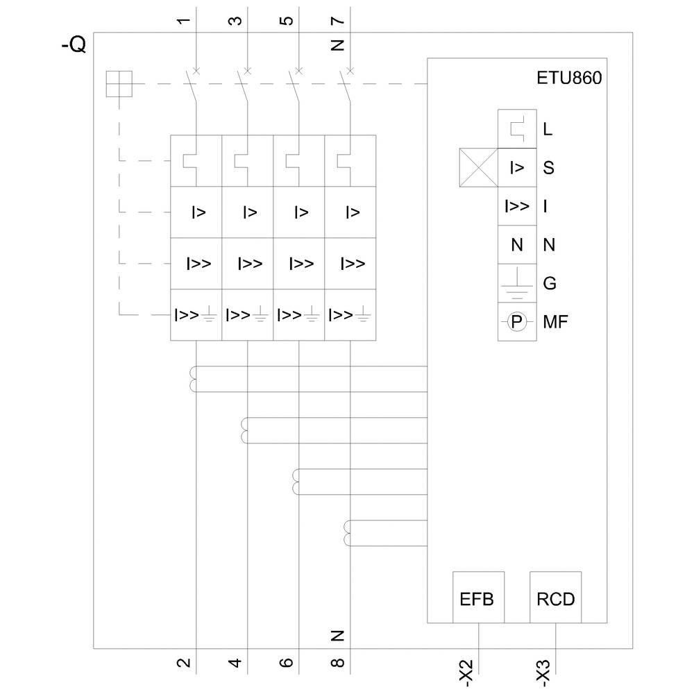 Schaltplan eines ETU860 Schalters mit dreifachen Überstromschutzmodulen und Anschlüssen X1 bis X3. Beschriftungen L, S, I, N, G.