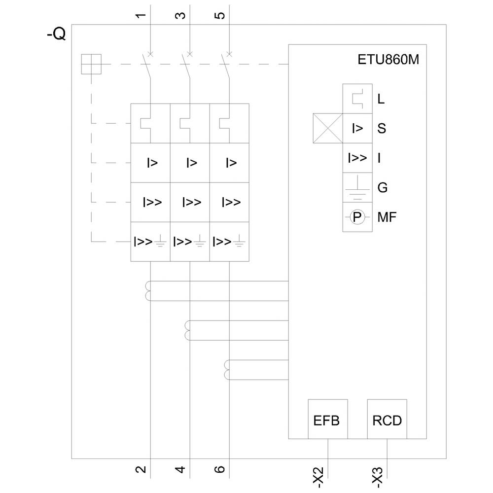 Schaltplan einer Schutzschaltanlage mit ETU860M, zeigt Leitungen und Klemmen X1 bis X3, sowie Komponenten EFB und RCD für Überwachung.