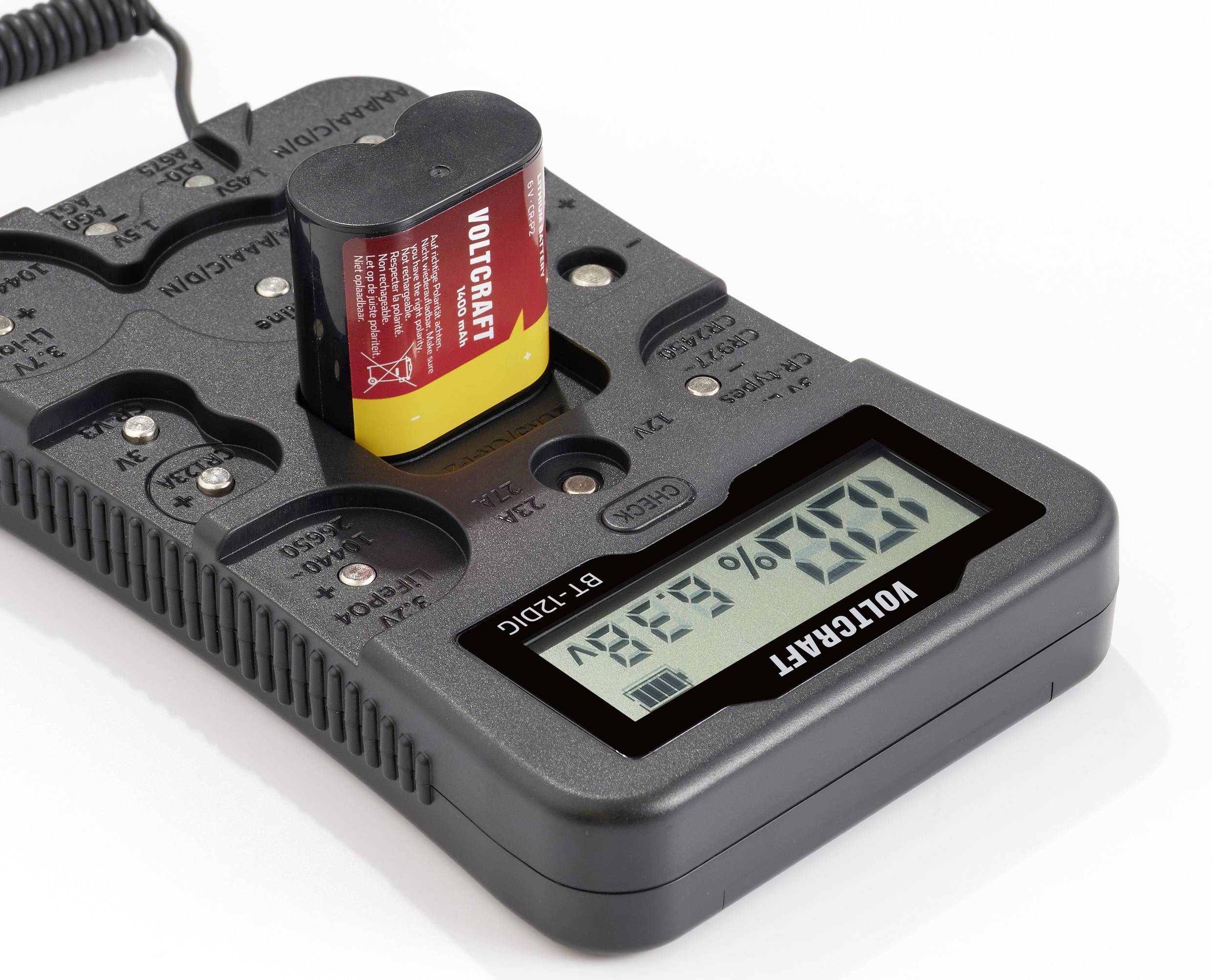 VOLTCRAFT Batterietester BT-12DIG Messbereich (Batterietester) 1,2 V, 1,5 V, 3 V, 3,7 V, 6 V, 9 V, 12V Batterie, Akku VC-14340820