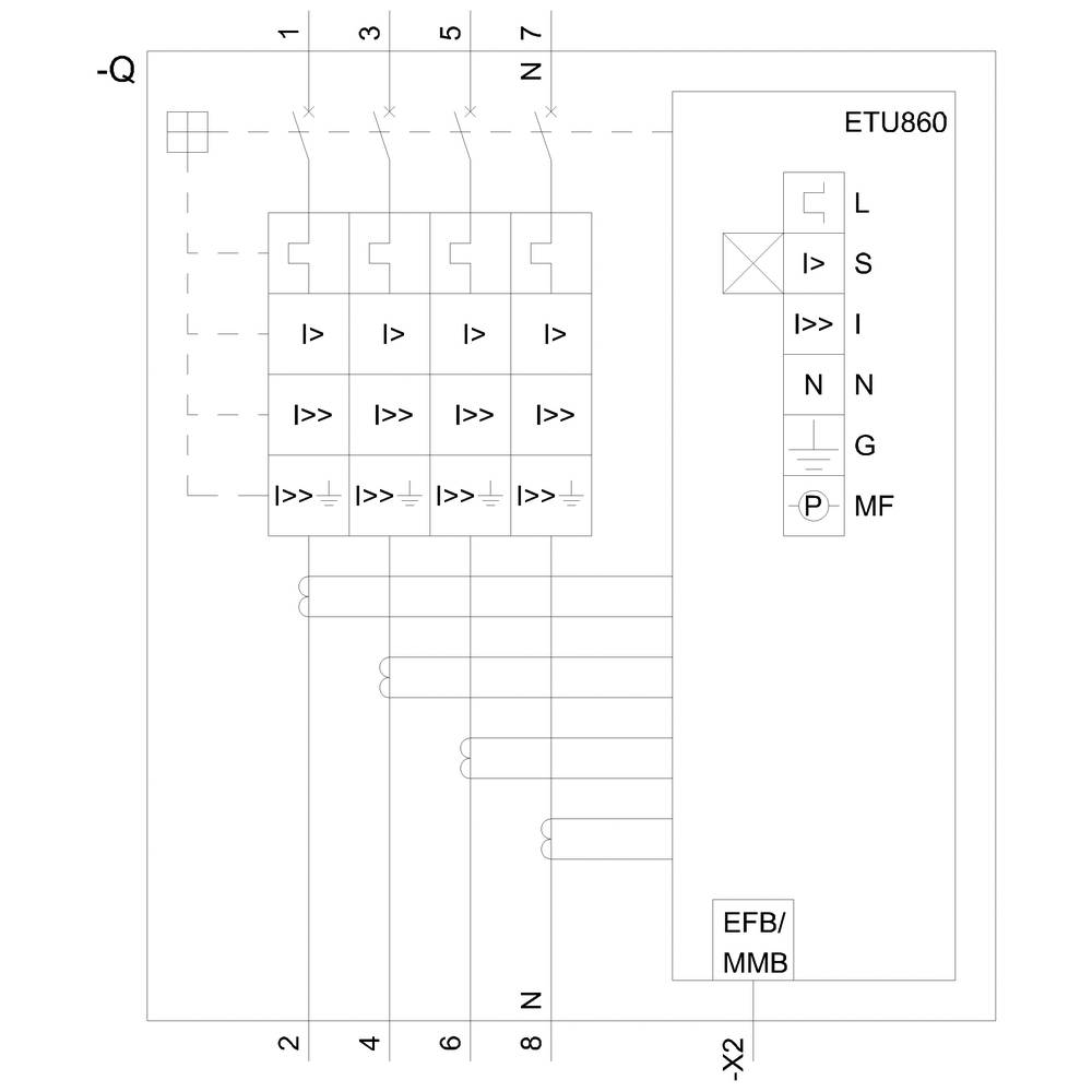 Elektronische Schutzeinheit mit Etikett 'ETU860', zeigt Strompfade mit nummerierten Anschlüssen und Funktionsbezeichnungen.