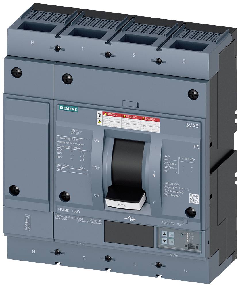 Ein Siemens-Leistungsschalter in blauer Farbe, zeigt Schaltergriff, Beschriftungen und technische Details, geeignet für industrielle Anwendungen.