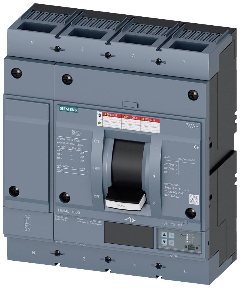 Ein blau-grauer Leistungsschutzschalter von Siemens, Modell 3VA6, mit Schaltergriff in der Mitte, umgeben von Spezifikationsetiketten.