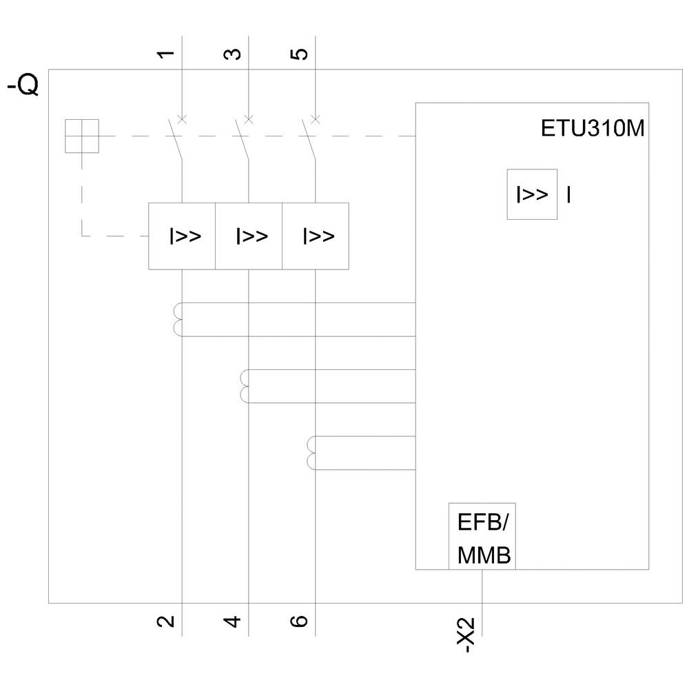 Schematischer Schaltplan: Ein Leitungsschutzschalter mit ETU310M-Modul, zeigt verschiedene Überstromschutzfunktionen mit gekennzeichneten Bereichen.