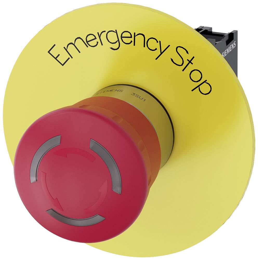 Großer roter Not-Aus-Knopf mit gelbem Hintergrund und der Aufschrift 'Emergency Stop', dient zum schnellen Abschalten von Maschinen.
