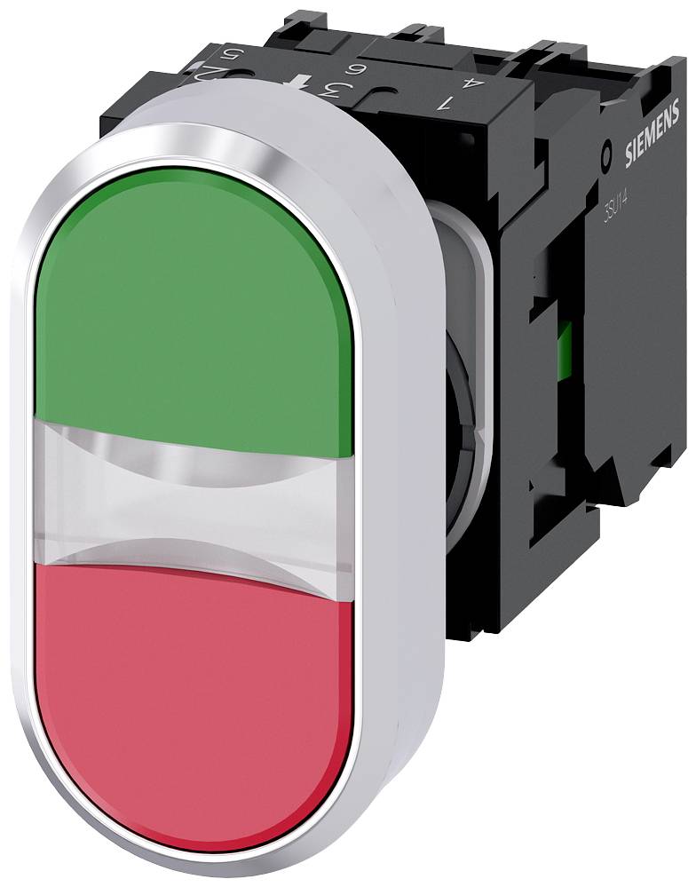 Zweifarbiger Drucktaster mit grünem und rotem Bereich zur Anzeige von Betriebszuständen, schwarzer Gehäusehintergrund.