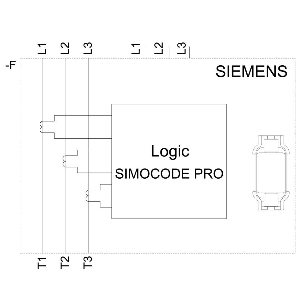 Diagramm der elektrischen Schaltung mit Siemens Simocode Pro, zeigt Logikeinheit und Anschlusspunkte L1, L2, L3, und T1, T2, T3.