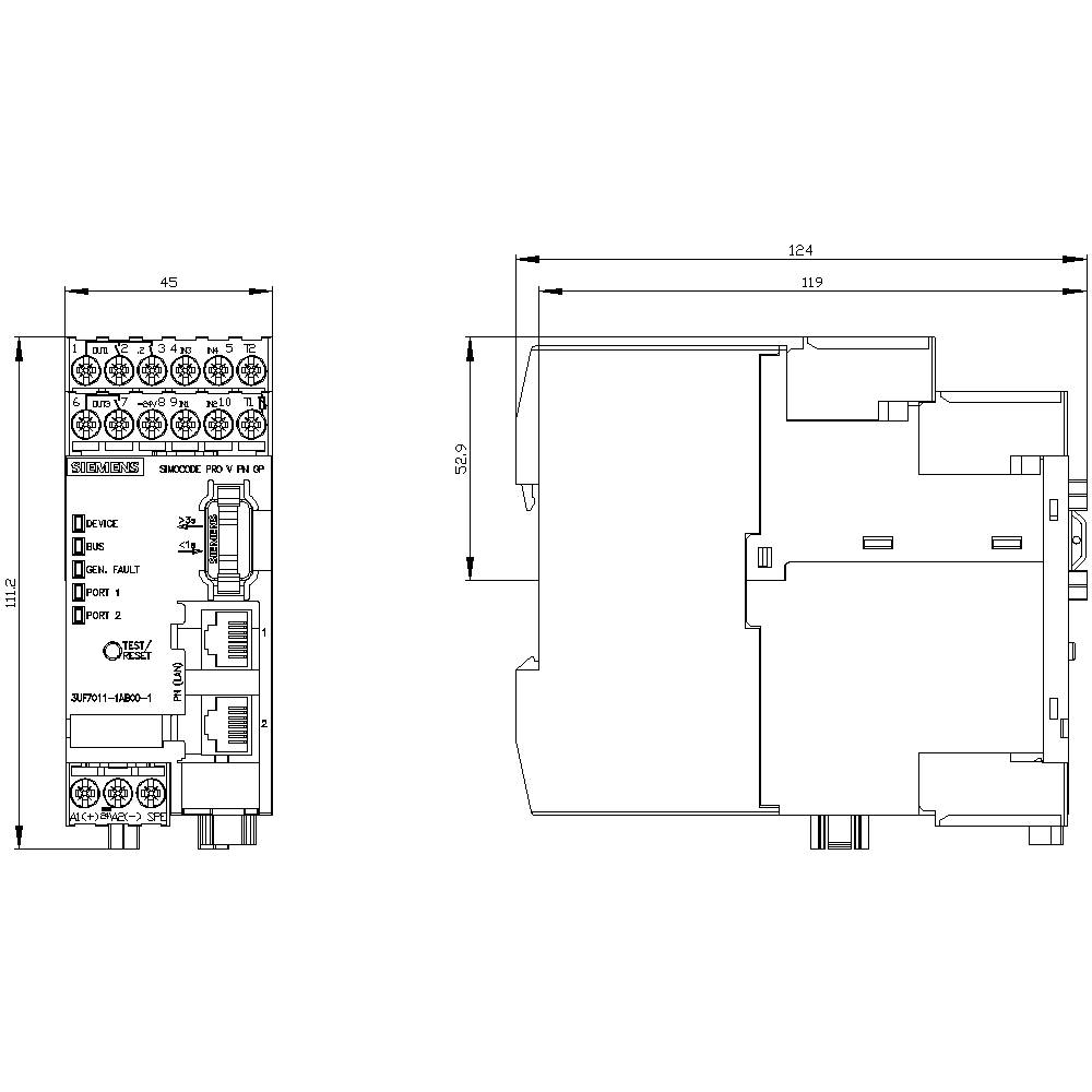 Technische Zeichnung eines elektronischen Geräts mit Anschlussports an beiden Seiten. Die Maße sind 124 mm x 111,2 mm x 45 mm.
