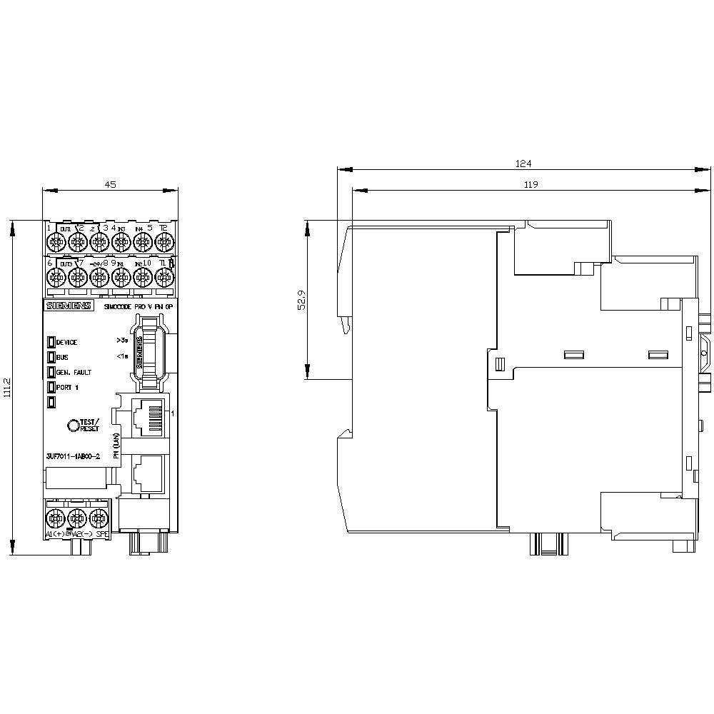 Technische Zeichnung eines elektronischen Geräts, zeigt Vorder- und Seitenansicht mit Maßen in Millimetern.