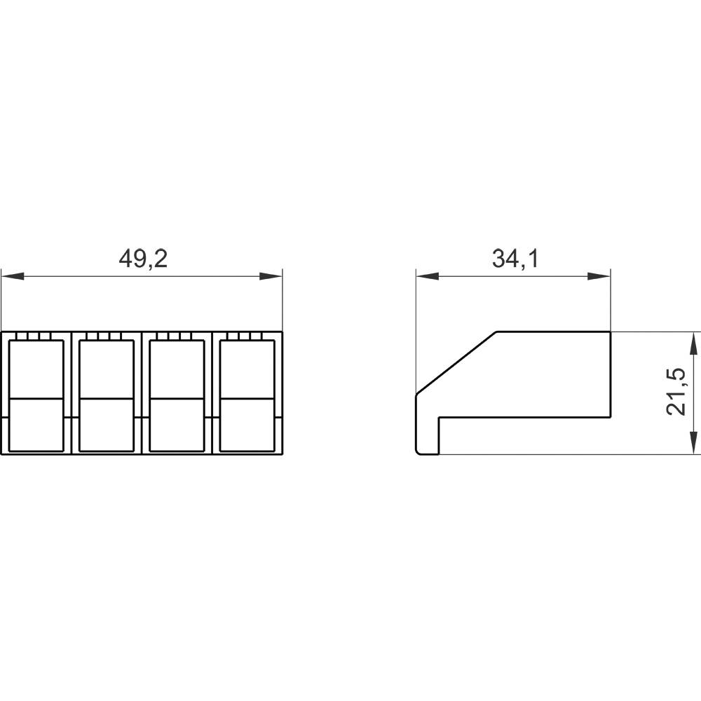 Technische Zeichnung eines Bauteils mit Abmessungen: Länge 49,2 mm, Breite 34,1 mm, Höhe 21,5 mm. Seitenansicht zeigt abgestufte Kante.