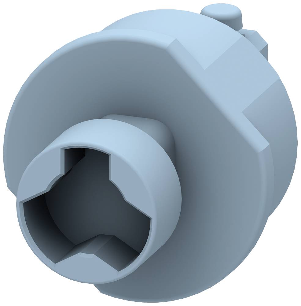 Ein runder, blauer Kunststoffstecker mit einem sternförmigen Loch in der Mitte, möglicherweise für eine spezifische Verbindung verwendet.