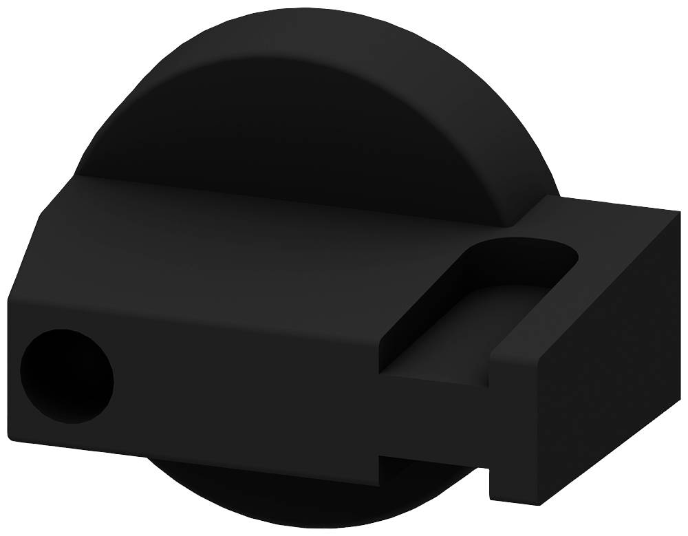 Schwarzes, halbrundes Kunststoffteil mit rechteckiger Basis und rundem Loch auf der linken Seite.