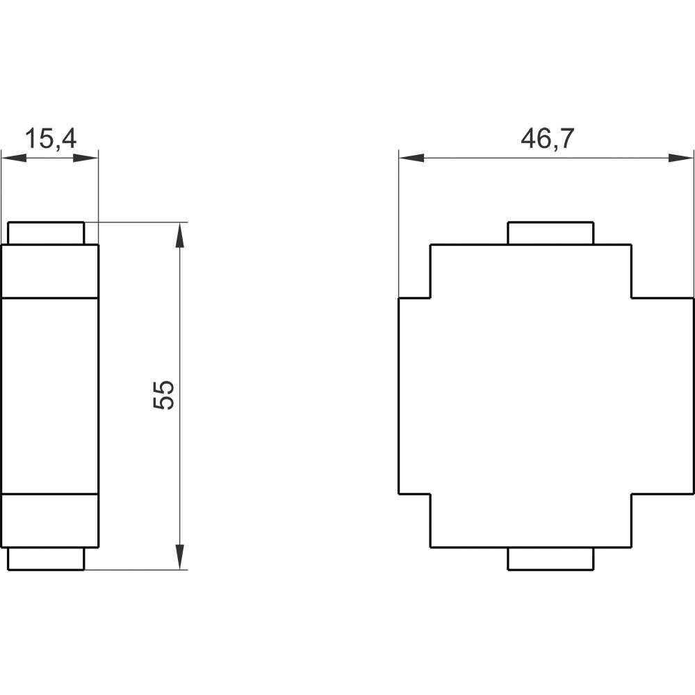 Technische Zeichnung eines Bauteils mit Maßen: Höhe 55 mm, Breite 46,7 mm, Tiefe 15,4 mm.