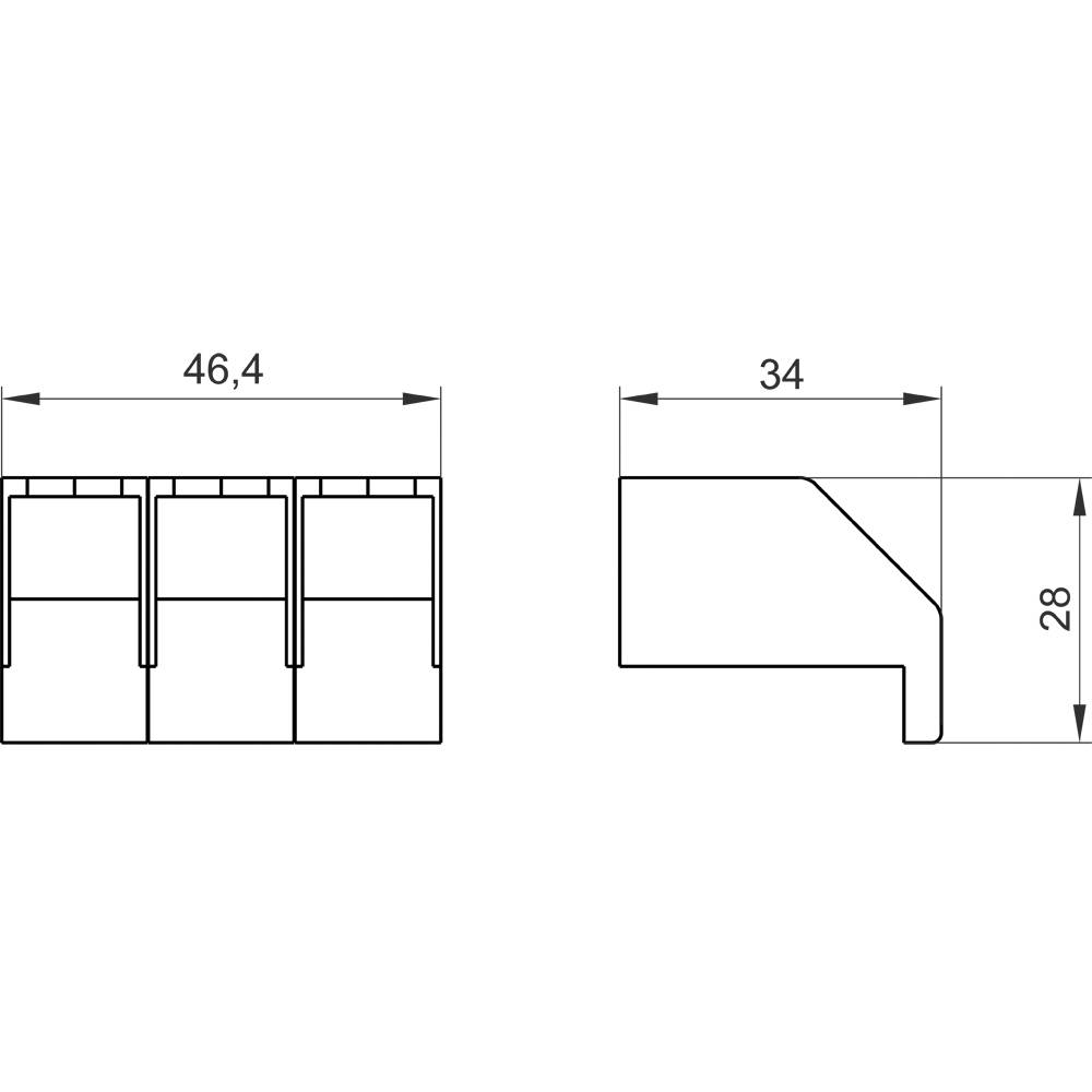 Technische Zeichnung eines Bauteils mit zwei Ansichten: oben mit Breite 46,4 mm, seitlich mit Breite 34 mm und Höhe 28 mm.