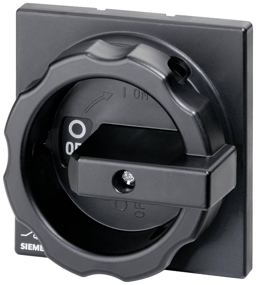 Drehbarer Hauptschalter in schwarzem Gehäuse. Schalter zeigt auf 'OFF', Position I und 0 sind markiert. utilizado en elektrischen Anlagen.