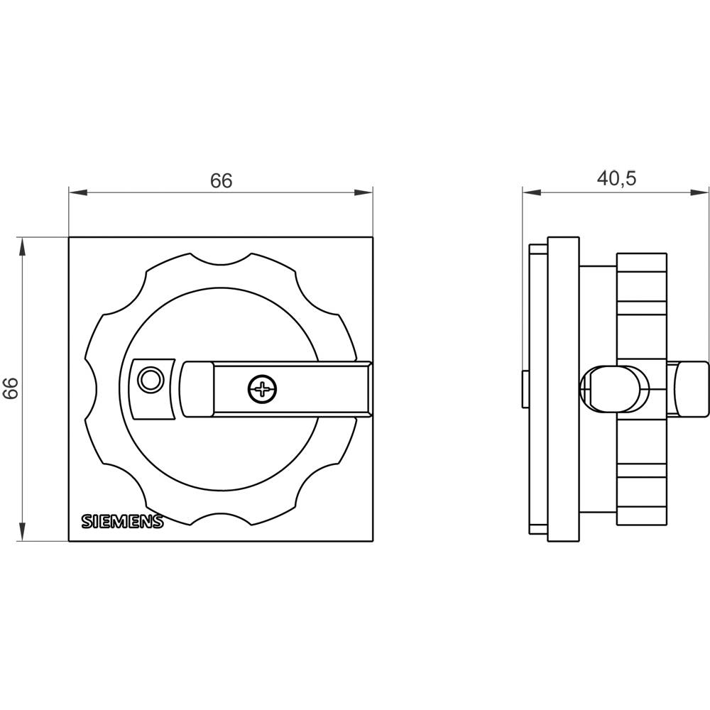 Technische Zeichnung eines Siemens-Drehschalters mit Maßangaben. Zeigt Front- und Seitenansicht des Schalters mit detaillierten Maßen.