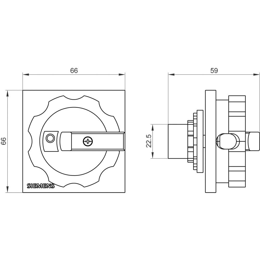 Technische Zeichnung einer elektrischen Schalttafel von Siemens mit Abmessungen. Rechteckiges Gehäuse, Drehknopf in der Mitte.