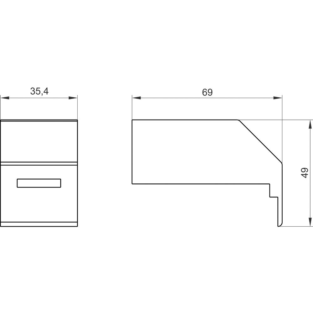 Zwei technische Zeichnungen zeigen die Seiten- und Frontansicht eines Bauteils mit Maßen: Breite 35,4, Länge 69, und Höhe 49.