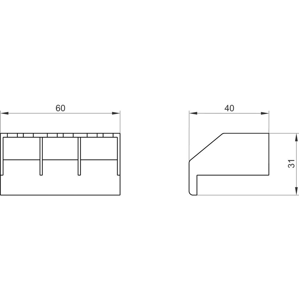 Technische Zeichnung eines rechteckigen Bauteils mit Maßen: Breite 60, Tiefe 40, Höhe 31. Seitenansicht zeigt eine abgeschrägte Kante.